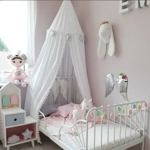 天蓋カーテン ポンポン付きキャノピー ホワイト 天蓋カーテン 子供部屋 インテリア